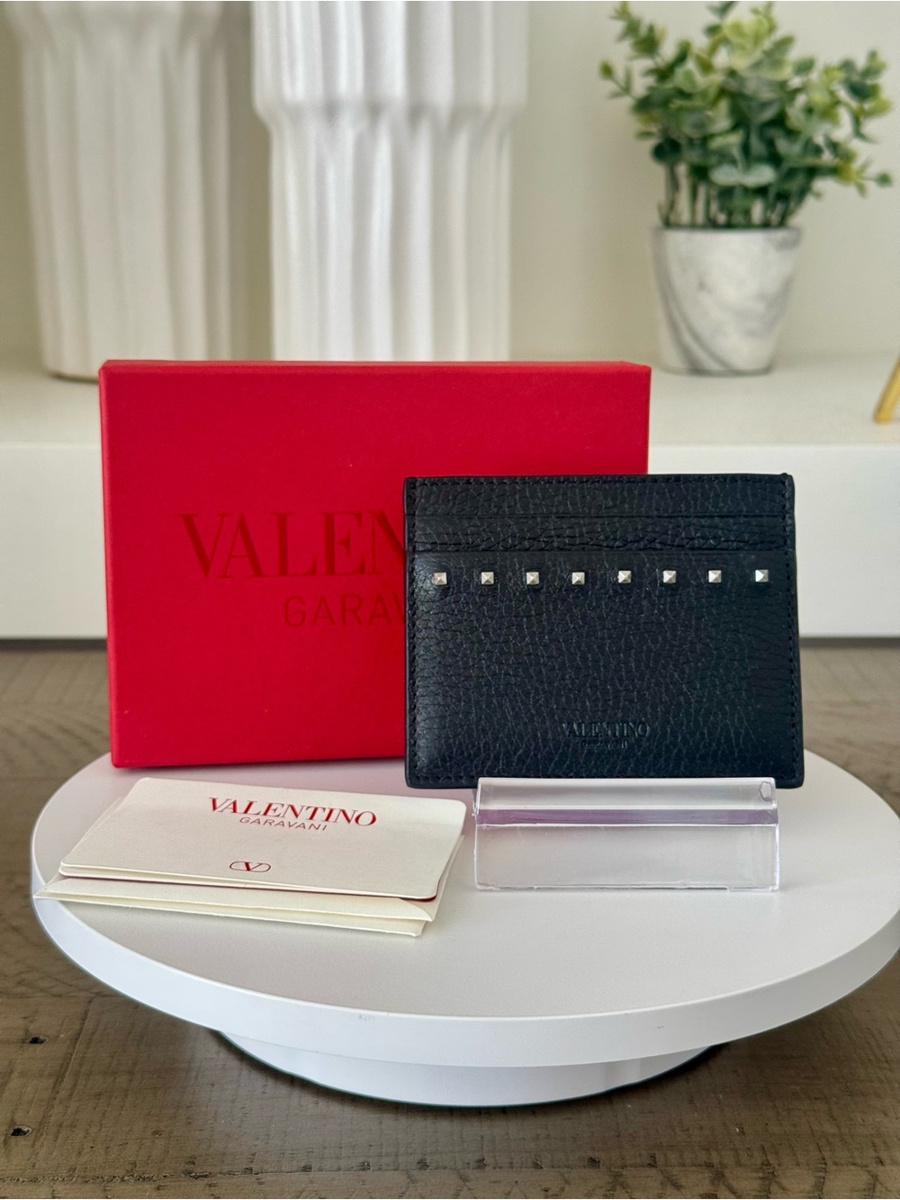Valentino Garavani Rockstud Black Leather Card Holder Wallet w/ Box & Dust Bag